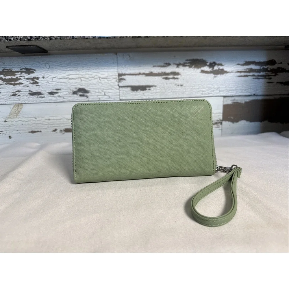 Betsey Johnson Wristlet Wallet Sage Green Bow Zip Around Faux Leather Card